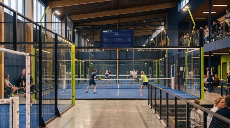 Modern padel kulübü: cam kortlar ve kortun üstünde canlı turnuva panosu gösteren TV