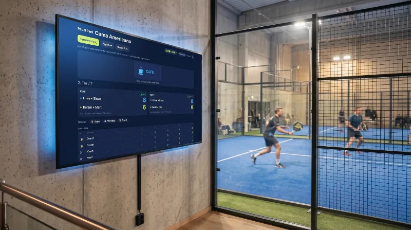 Kapalı padel kortunun yanında duvara monte TV'de canlı pano ve sponsor şeridi