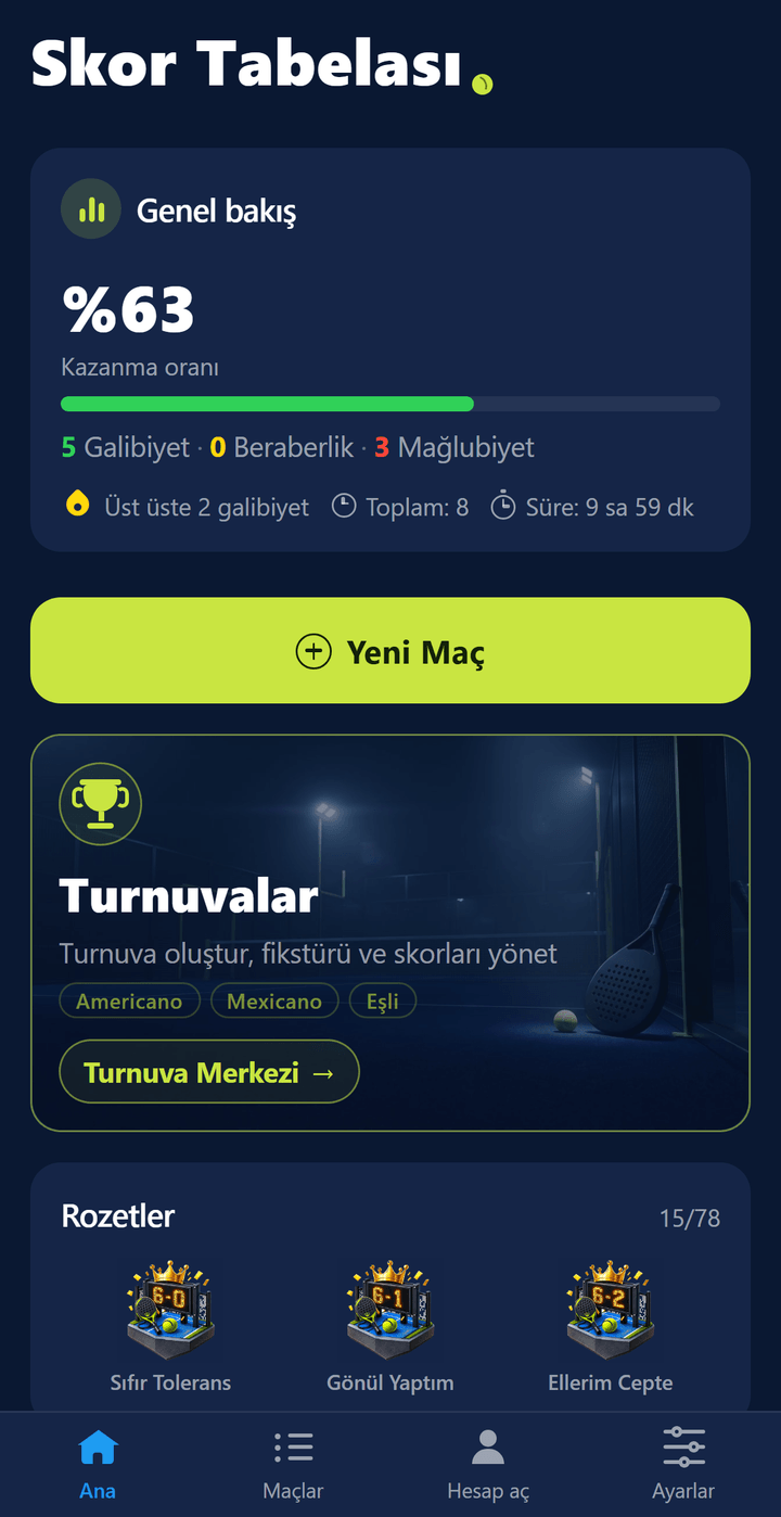 Ana ekran: kazanma oranı, galibiyet-beraberlik-mağlubiyet sayıları ve Yeni Maç düğmesi