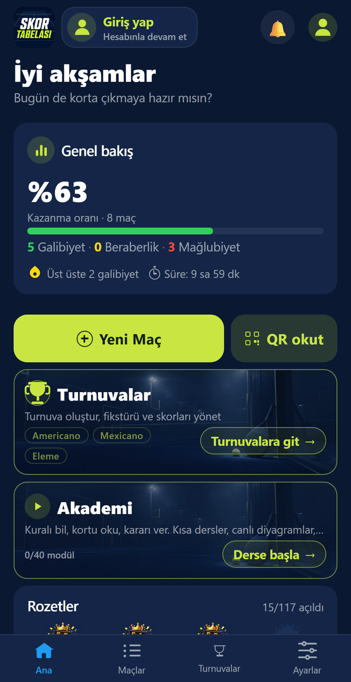 Ana ekran: kazanma oranı, galibiyet-beraberlik-mağlubiyet sayıları ve Yeni Maç düğmesi