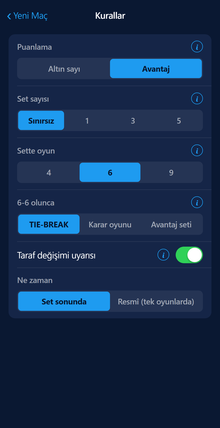 Kurallar ekranı: altın sayı ve tie-break seçenekleri