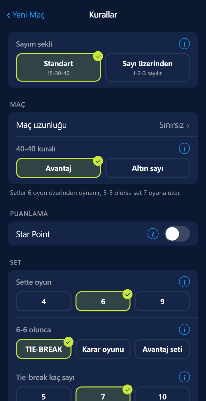 Kurallar ekranı: altın sayı ve tie-break seçenekleri