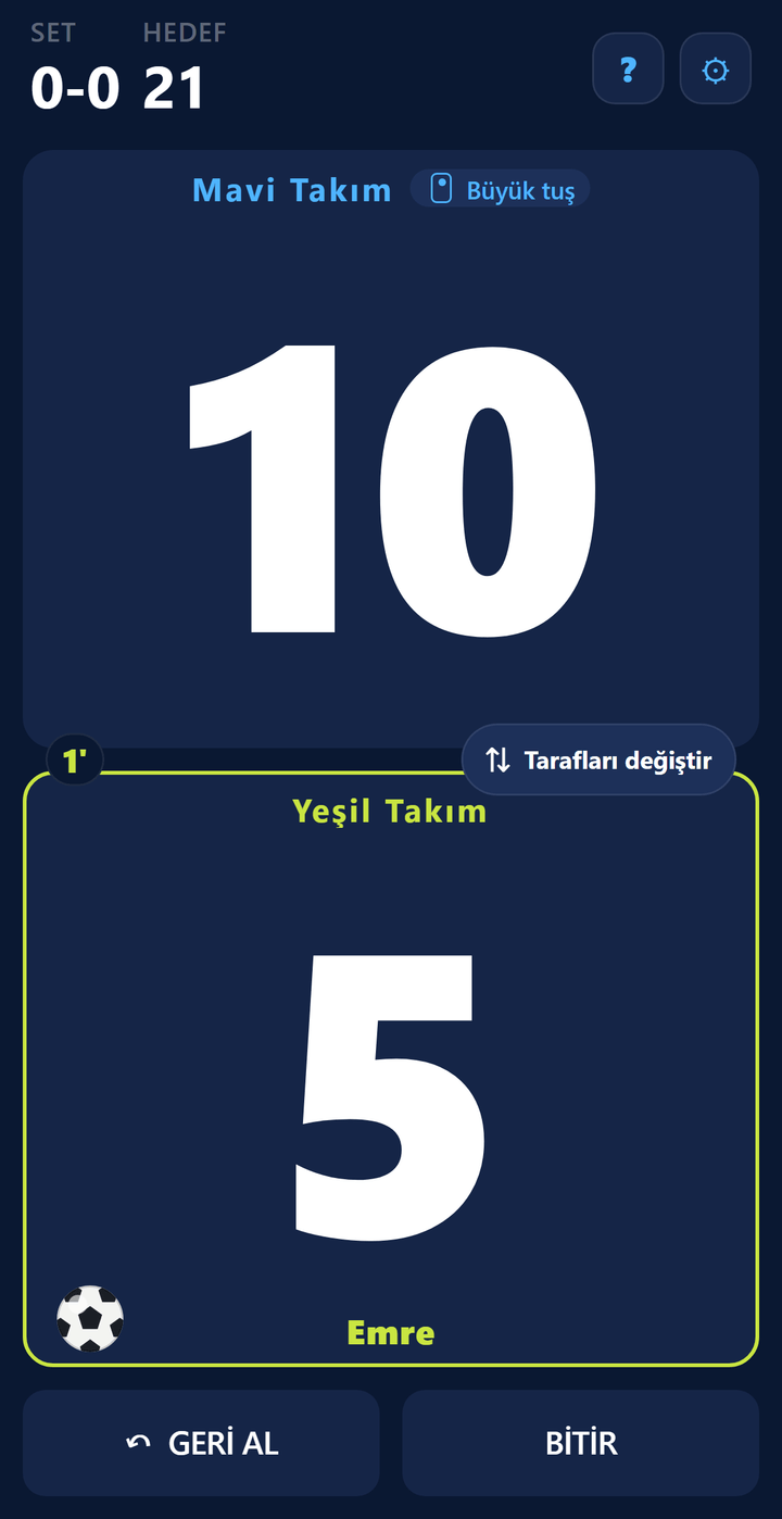 Padbol skor ekranı: 21 sayılık sette Mavi Takım 10, Yeşil Takım 5; servis göstergesinde futbol topu