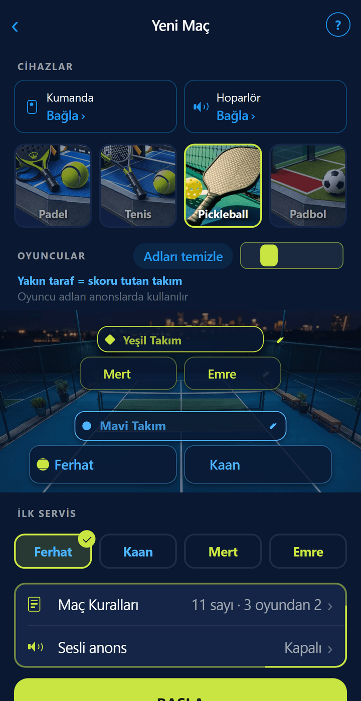 Kurulum ekranında Pickleball seçili: pickleball kortu, oyuncu adları ve “11 sayı · 3 oyundan 2” kuralı