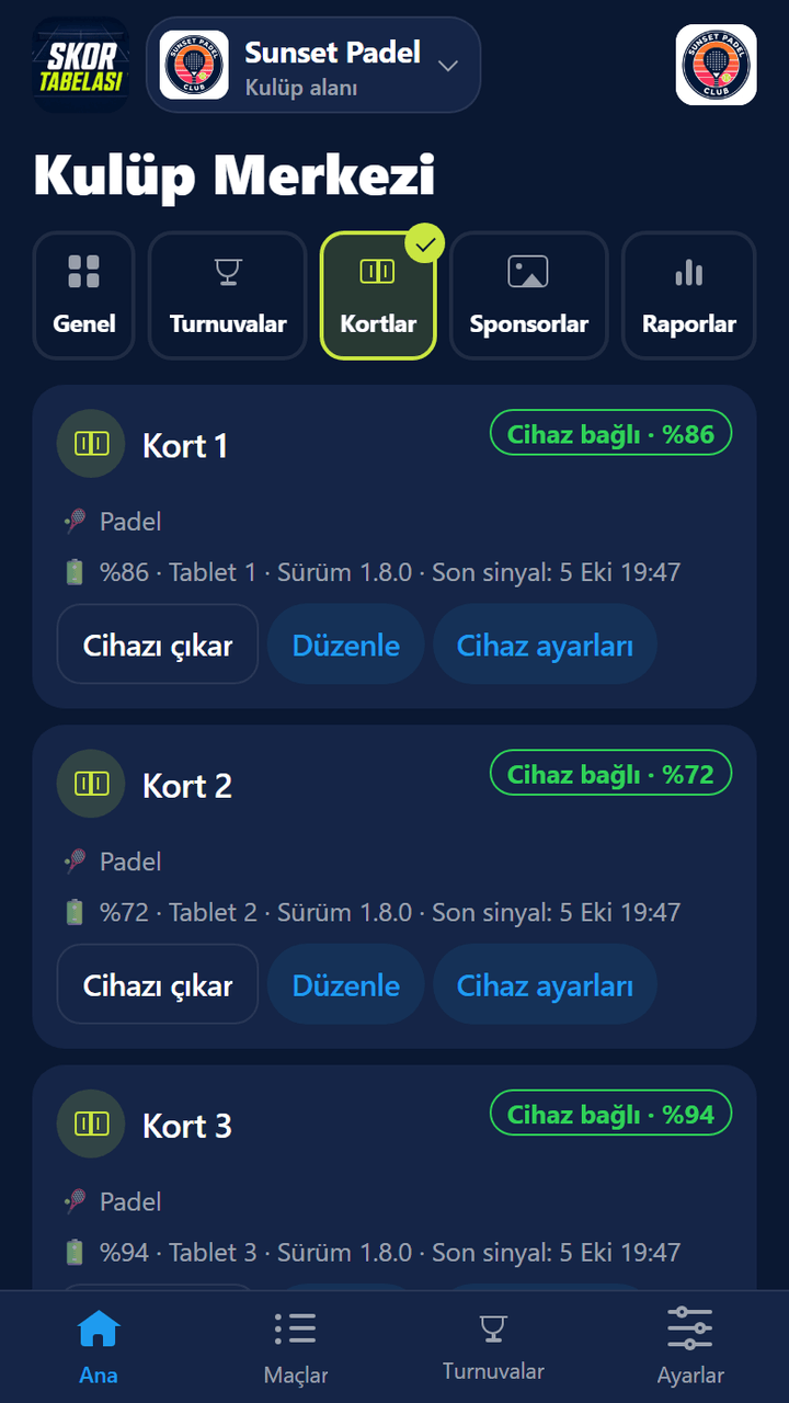 Kortlar sekmesi: her kortta cihaz bağlı rozeti, pil yüzdesi, sürüm ve son sinyal saati