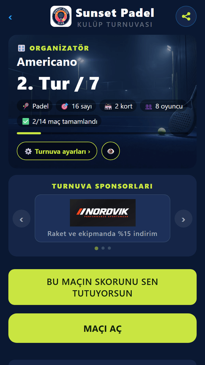 Organizatör ekranı: 2. Tur / 7, iki kort, canlı skor ve sıralama