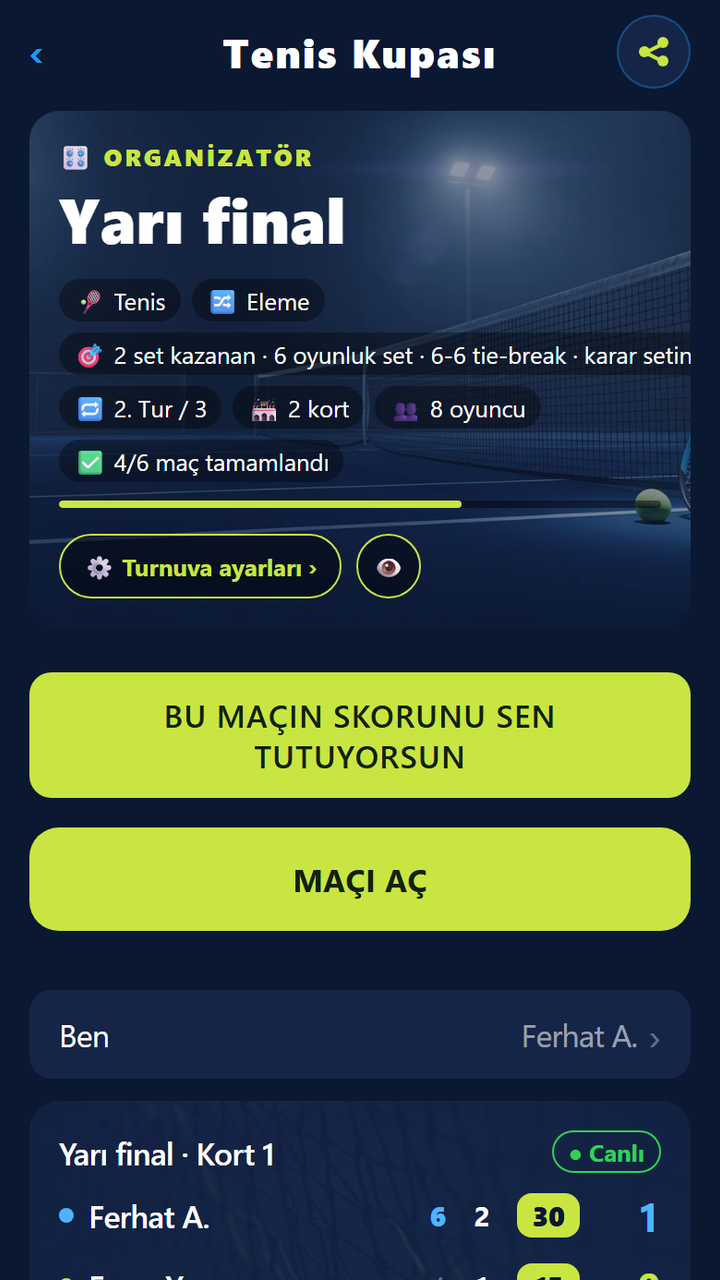 Organizatör ekranı: tenis eleme, standart set kuralı ve canlı yarı final