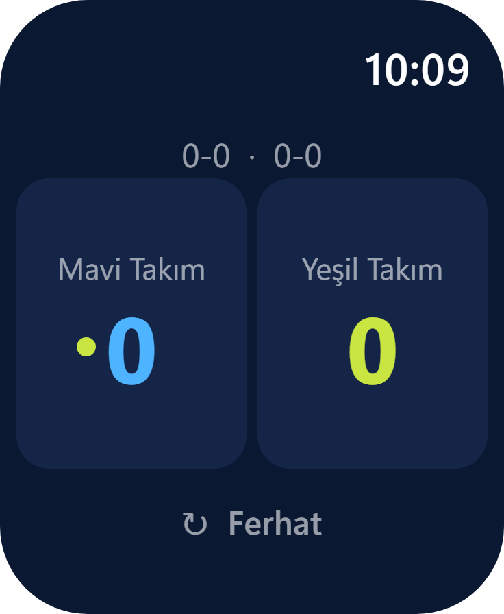 Maç başlamadan saatte alt düğmede ilk servisçinin adı