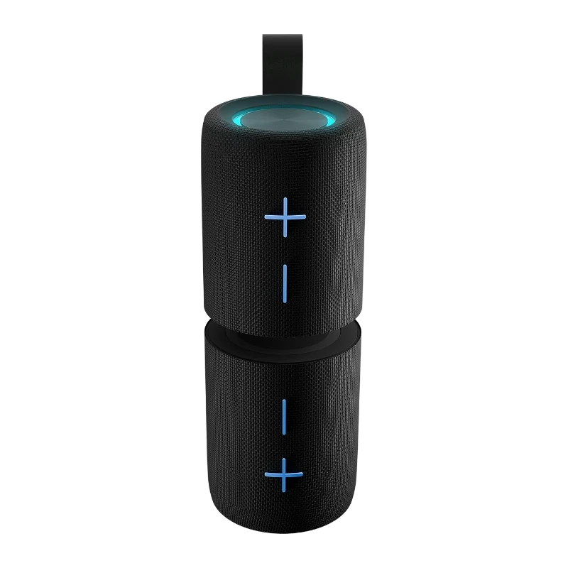 Siyah kumaş kaplı, mıknatısla birleşen iki parçalı silindirik Bluetooth hoparlör; ışıklı ses tuşları