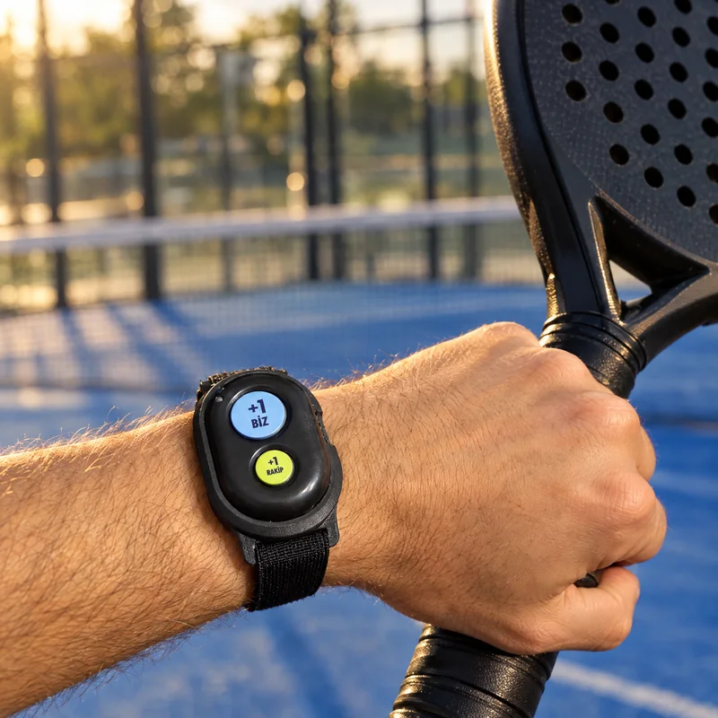 Padel oyuncusunun bileğinde iki tuşlu Bluetooth kumanda: +1 BİZ ve +1 RAKİP