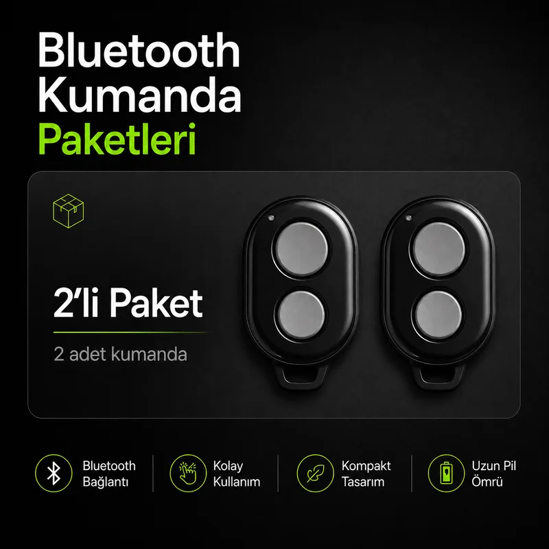 2&rsquo;li paket: iki adet siyah Bluetooth skor kumandası yan yana, koyu zemin üzerinde